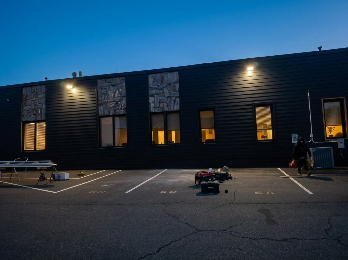Night view of finished matte-black Hardie Plank façade with stone accent panels and warm illuminated interior windows